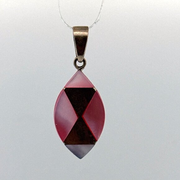 Estate Sterling Silver 925 Pink Inlay Marquise Pendant 5.5g Marked .925 No Chain - Picture 1 of 8